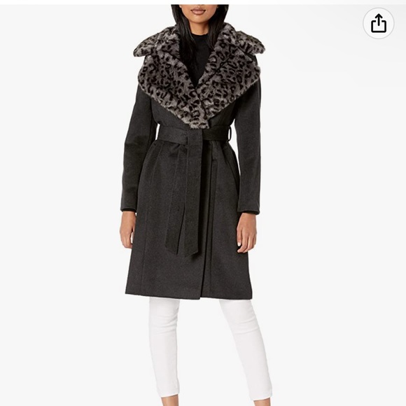 Via Spiga Jackets & Blazers - Via Spiga Belted Wool Coat With Grey Faux Fur Trim Size L